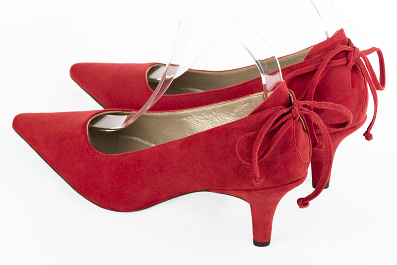 Scarlet red women's dress pumps, with a round neckline. Pointed toe. Medium slim heel. Rear view - Florence KOOIJMAN